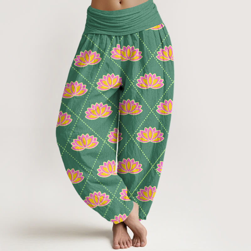 Breathable Cotton Lotus Print Grounding Harem Pants