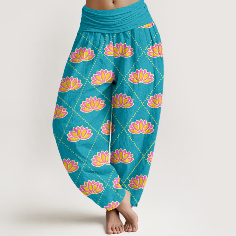 Breathable Cotton Lotus Print Grounding Harem Pants