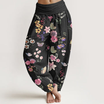 Botanical Print Cotton Elastic-Waist Harem Meditation Pants