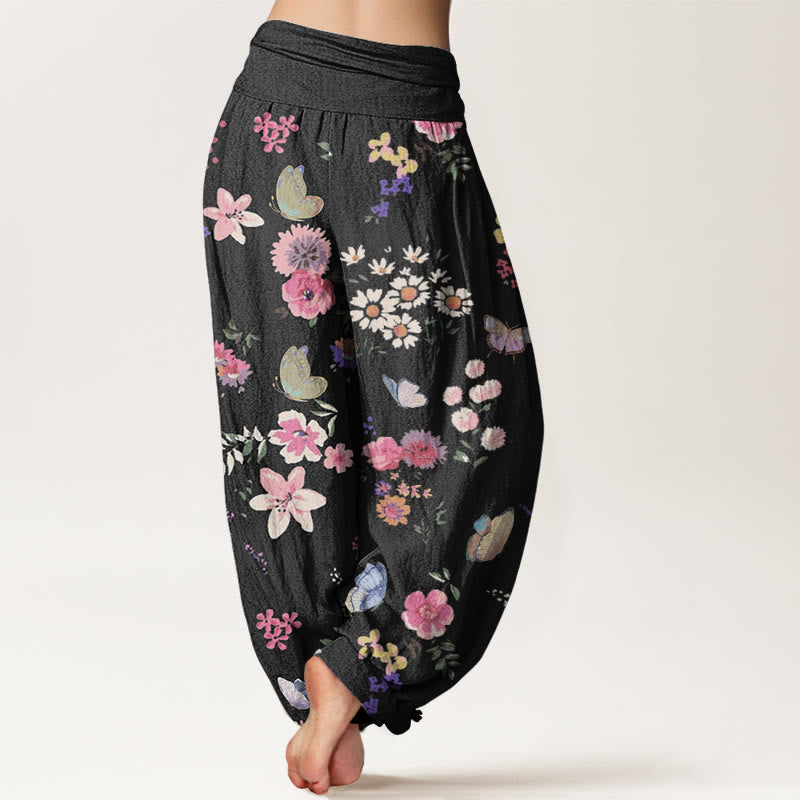 Botanical Print Cotton Elastic-Waist Harem Meditation Pants