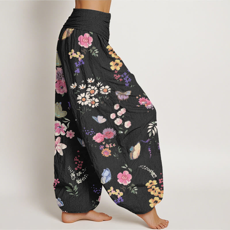Botanical Print Cotton Elastic-Waist Harem Meditation Pants