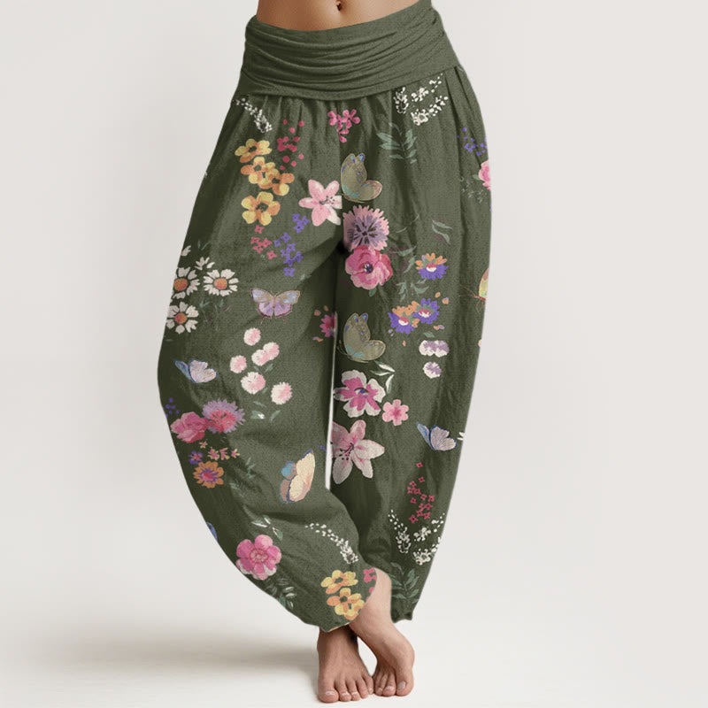 Botanical Print Cotton Elastic-Waist Harem Meditation Pants