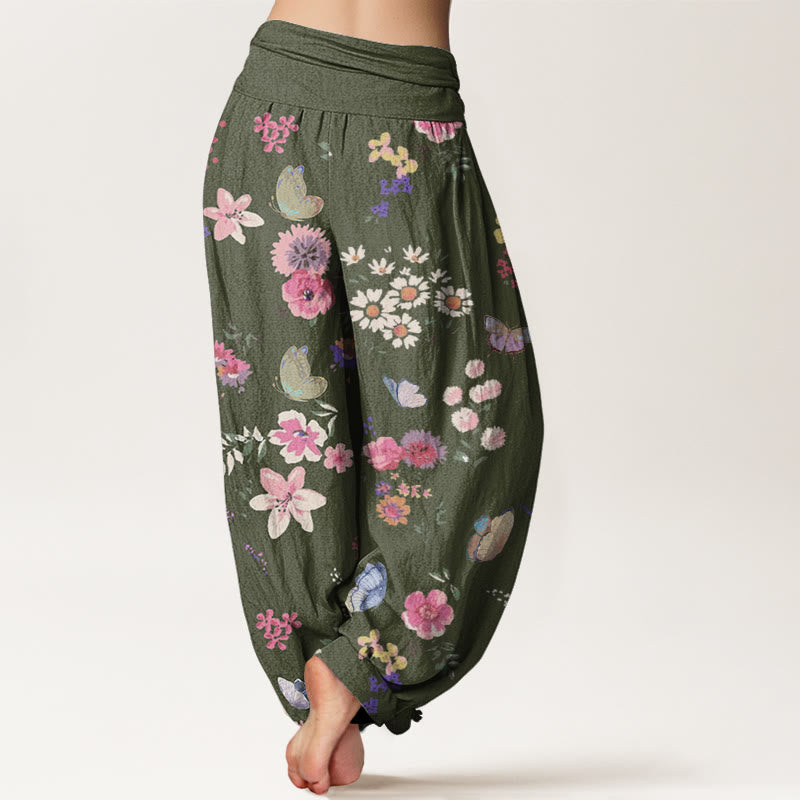 Botanical Print Cotton Elastic-Waist Harem Meditation Pants