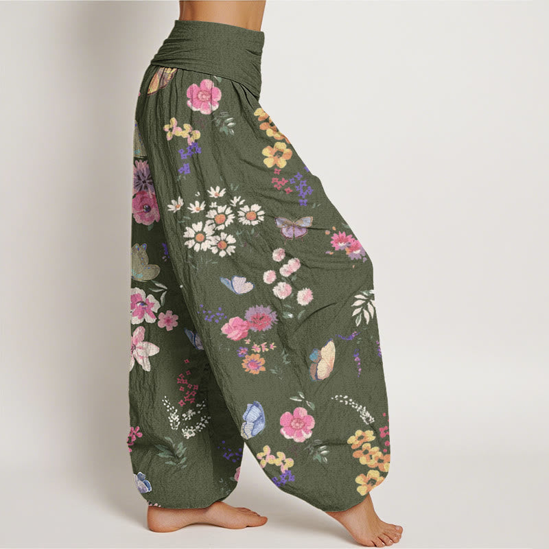 Botanical Print Cotton Elastic-Waist Harem Meditation Pants