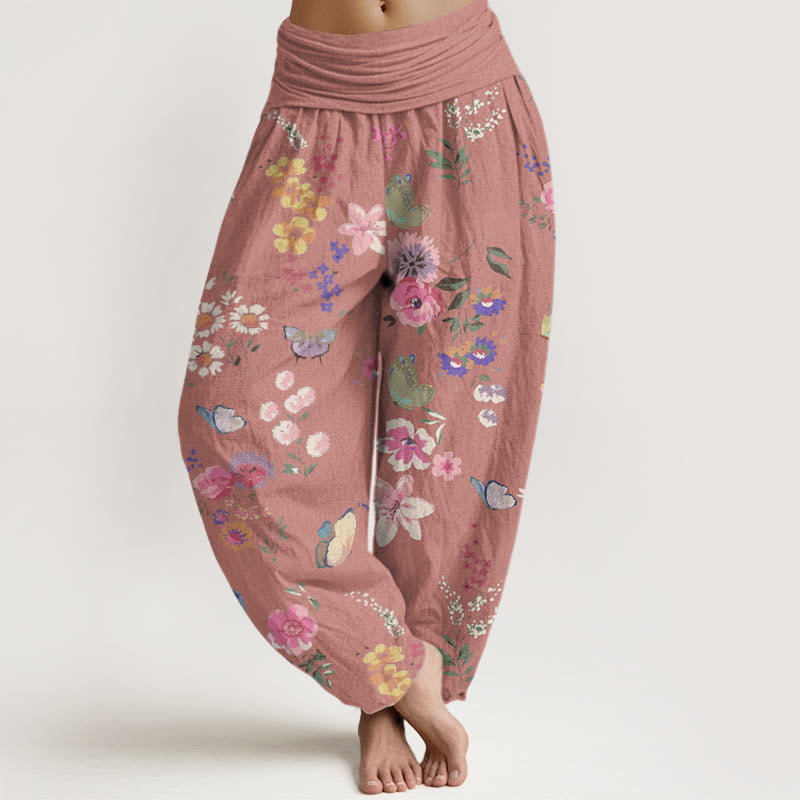 Botanical Print Cotton Elastic-Waist Harem Meditation Pants