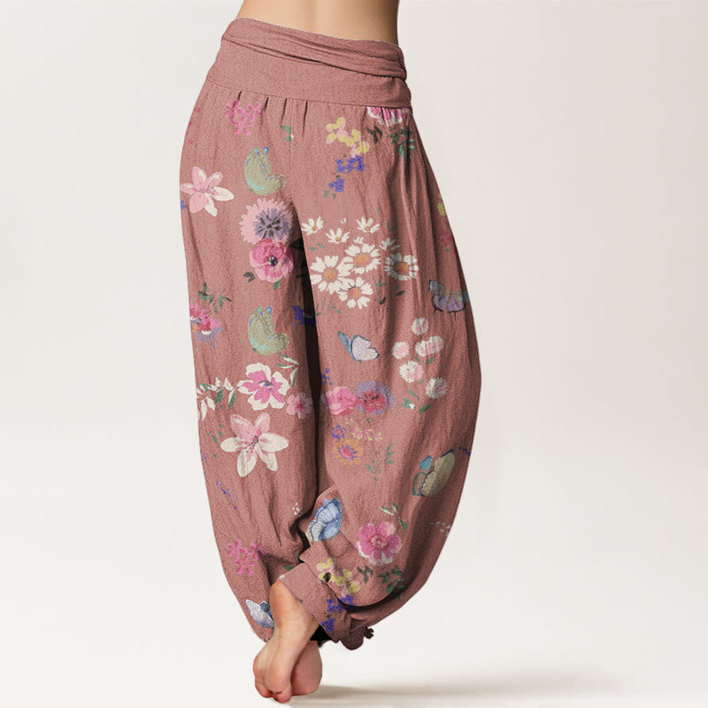 Botanical Print Cotton Elastic-Waist Harem Meditation Pants
