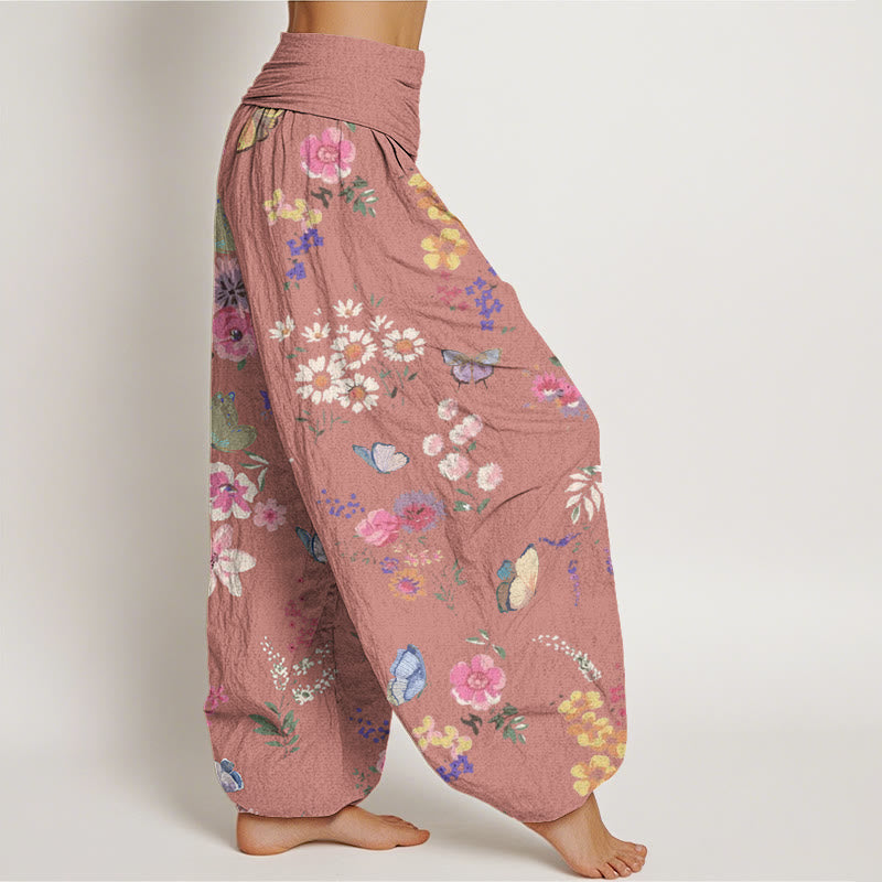 Botanical Print Cotton Elastic-Waist Harem Meditation Pants