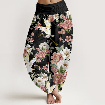 Tactile Cotton Crane Print Mindful Meditation Harem Pants