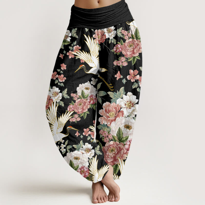 Tactile Cotton Crane Print Mindful Meditation Harem Pants