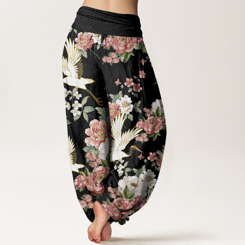 Tactile Cotton Crane Print Mindful Meditation Harem Pants