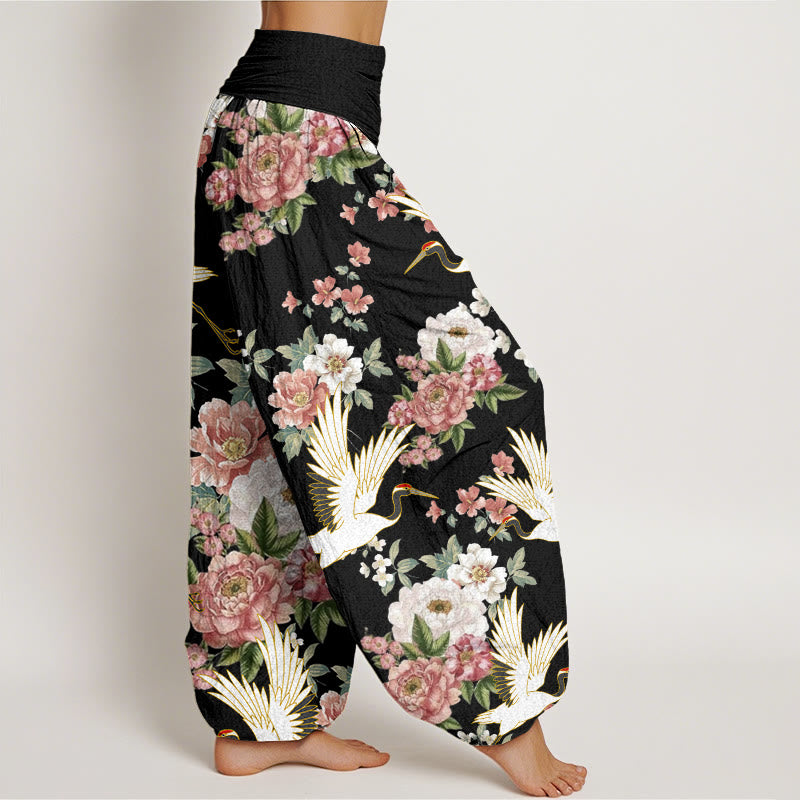 Tactile Cotton Crane Print Mindful Meditation Harem Pants