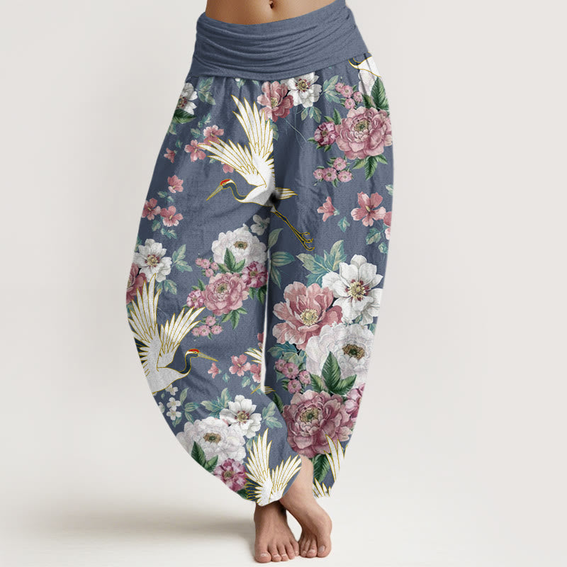 Tactile Cotton Crane Print Mindful Meditation Harem Pants