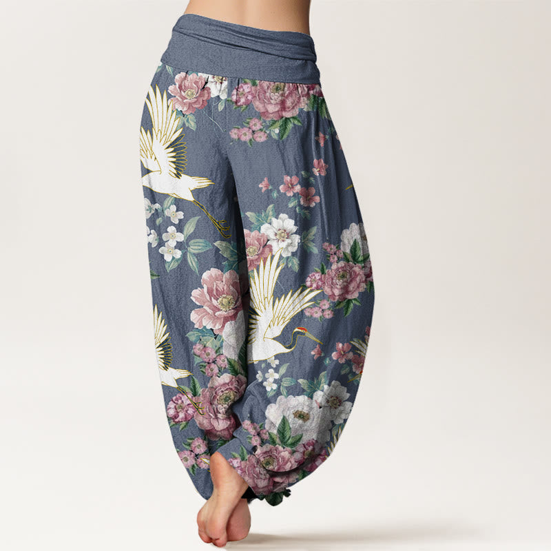 Tactile Cotton Crane Print Mindful Meditation Harem Pants