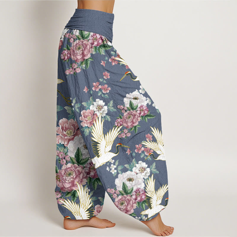 Tactile Cotton Crane Print Mindful Meditation Harem Pants