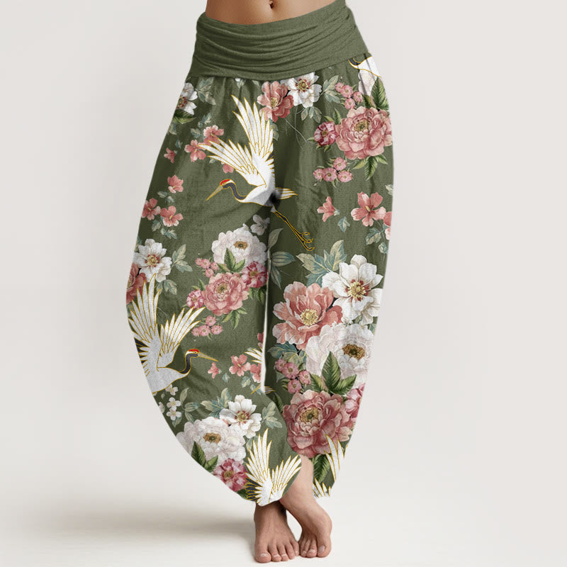 Tactile Cotton Crane Print Mindful Meditation Harem Pants