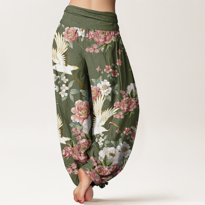 Tactile Cotton Crane Print Mindful Meditation Harem Pants