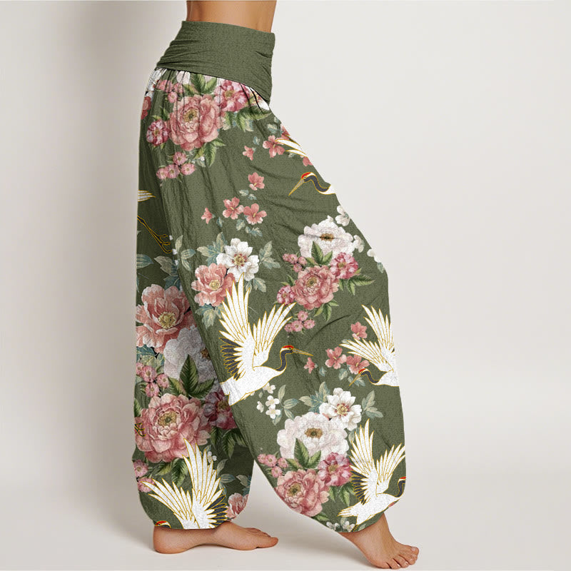 Tactile Cotton Crane Print Mindful Meditation Harem Pants