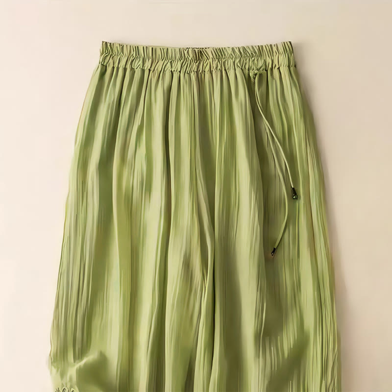 Retro Casual Embroidery Design Drawstring Cotton Linen Women's Wide Leg Pants With Pockets