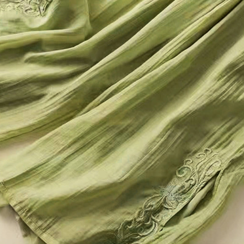 Retro Casual Embroidery Design Drawstring Cotton Linen Women's Wide Leg Pants With Pockets