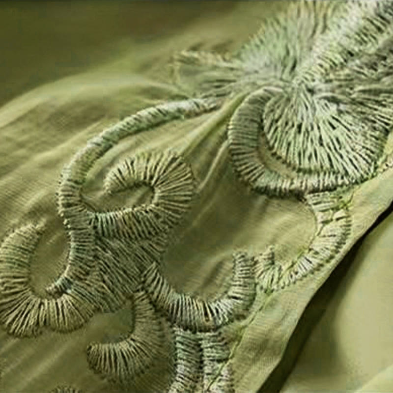 Retro Casual Embroidery Design Drawstring Cotton Linen Women's Wide Leg Pants With Pockets