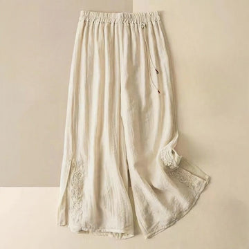 Retro Casual Embroidery Design Drawstring Cotton Linen Women's Wide Leg Pants With Pockets