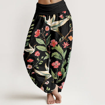 Breathable Cotton Crane Print Mindful Harem Pants