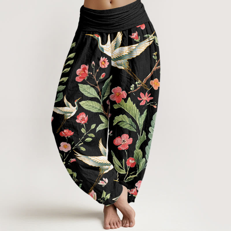 Breathable Cotton Crane Print Mindful Harem Pants