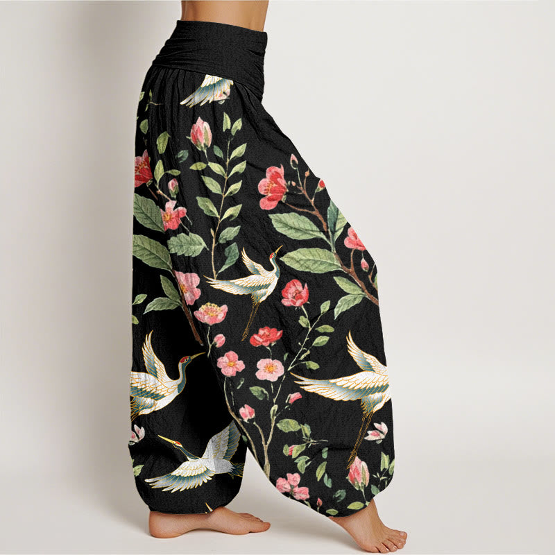 Breathable Cotton Crane Print Mindful Harem Pants