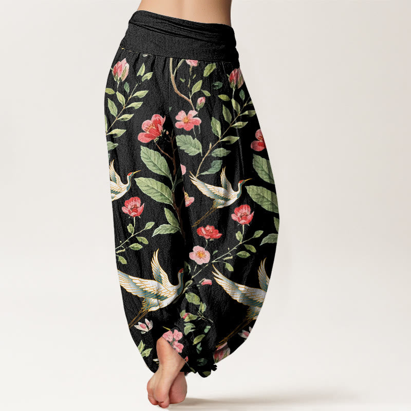 Breathable Cotton Crane Print Mindful Harem Pants