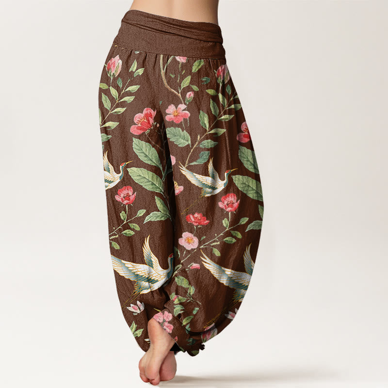 Breathable Cotton Crane Print Mindful Harem Pants