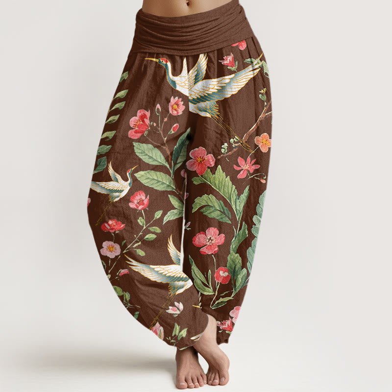 Breathable Cotton Crane Print Mindful Harem Pants