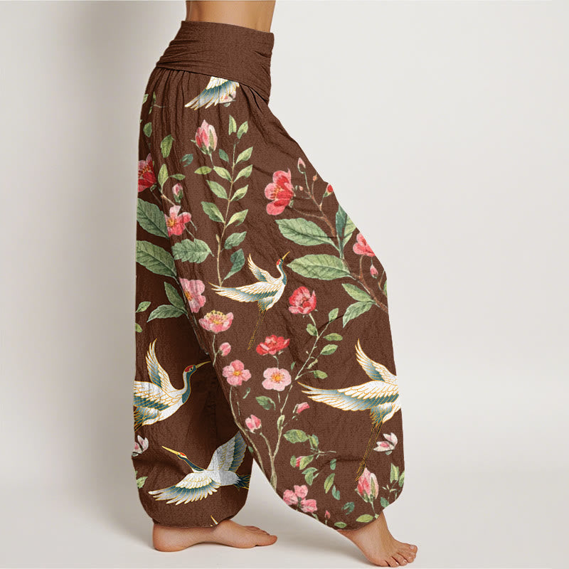 Breathable Cotton Crane Print Mindful Harem Pants