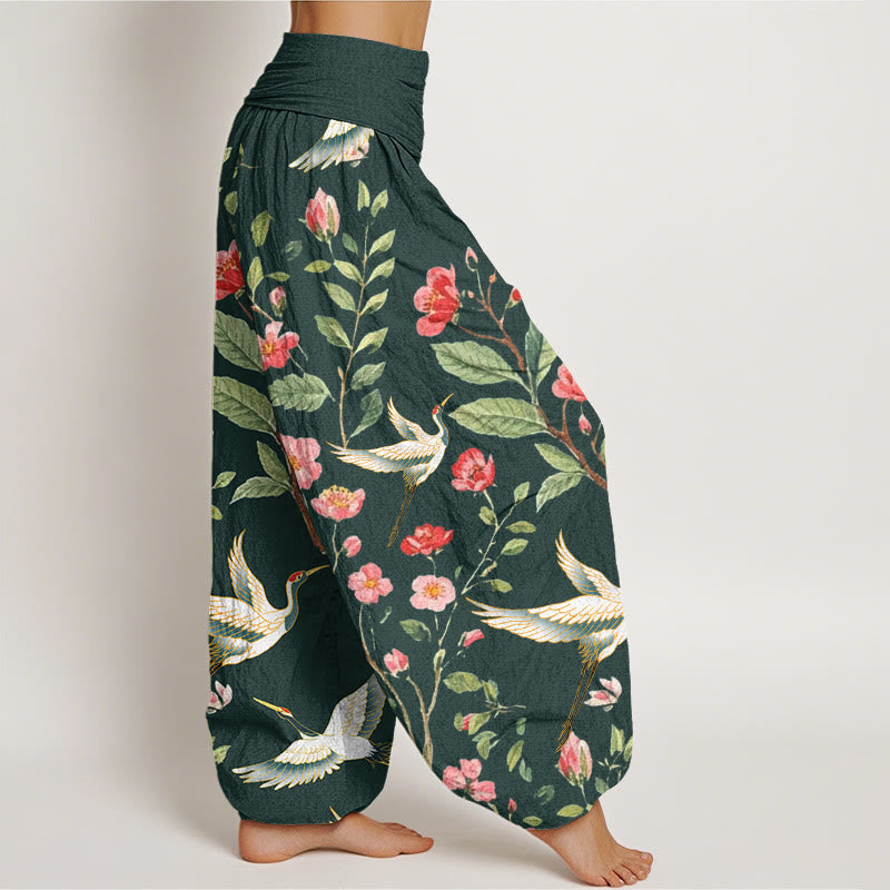 Breathable Cotton Crane Print Mindful Harem Pants