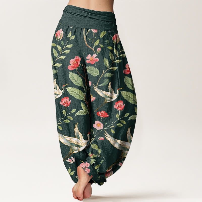 Breathable Cotton Crane Print Mindful Harem Pants