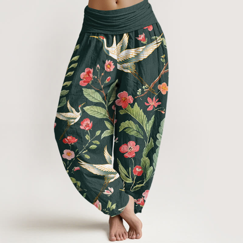 Breathable Cotton Crane Print Mindful Harem Pants