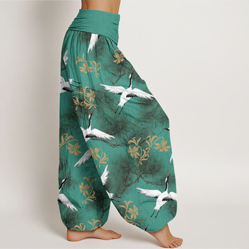Cotton Crane and Pine Print Relaxed Harem Meditation Pants