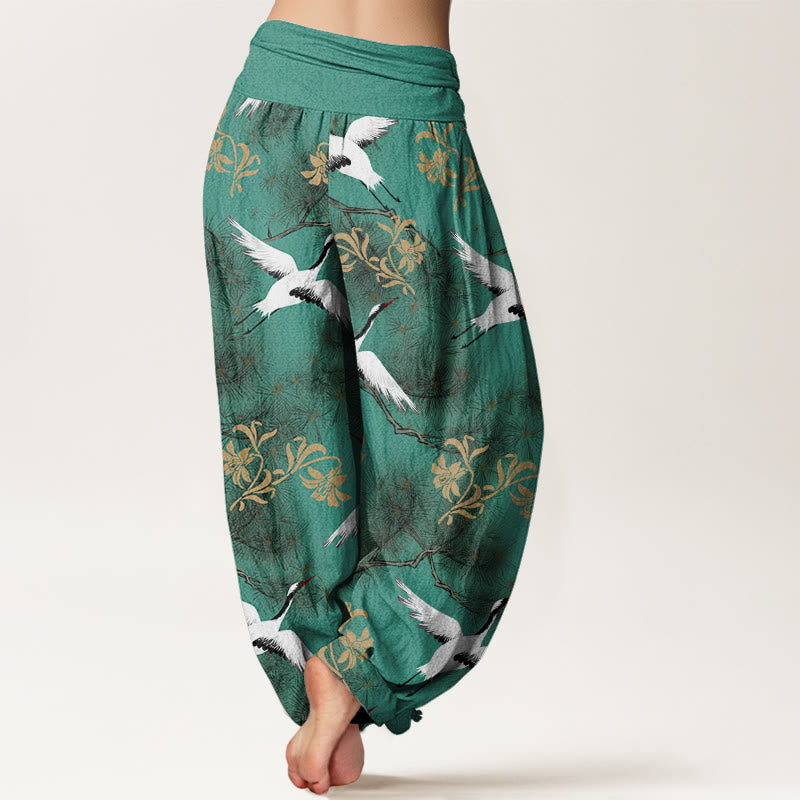 Cotton Crane and Pine Print Relaxed Harem Meditation Pants