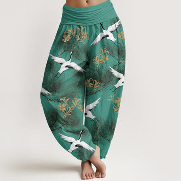 Cotton Crane and Pine Print Relaxed Harem Meditation Pants