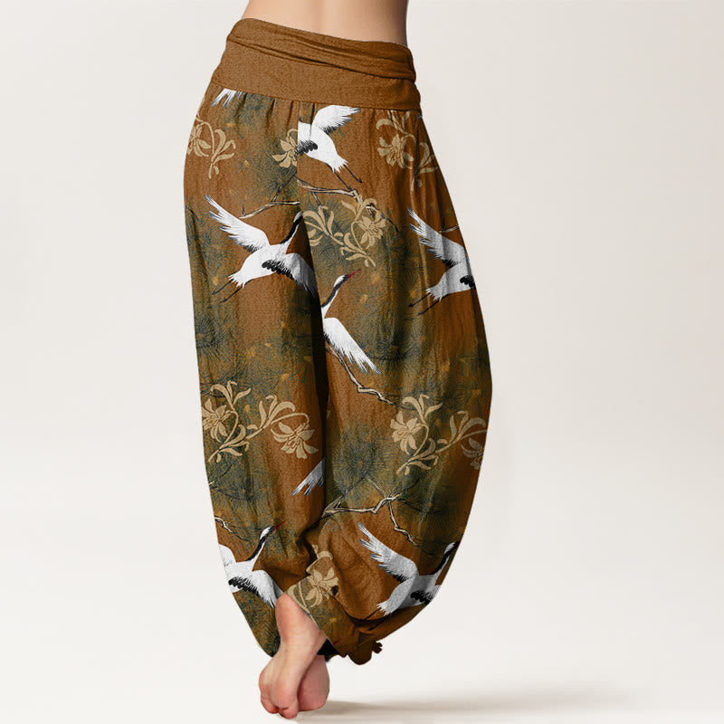 Cotton Crane and Pine Print Relaxed Harem Meditation Pants