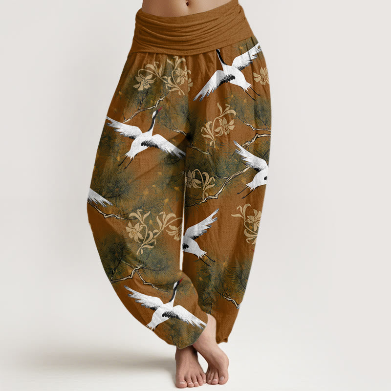 Cotton Crane and Pine Print Relaxed Harem Meditation Pants
