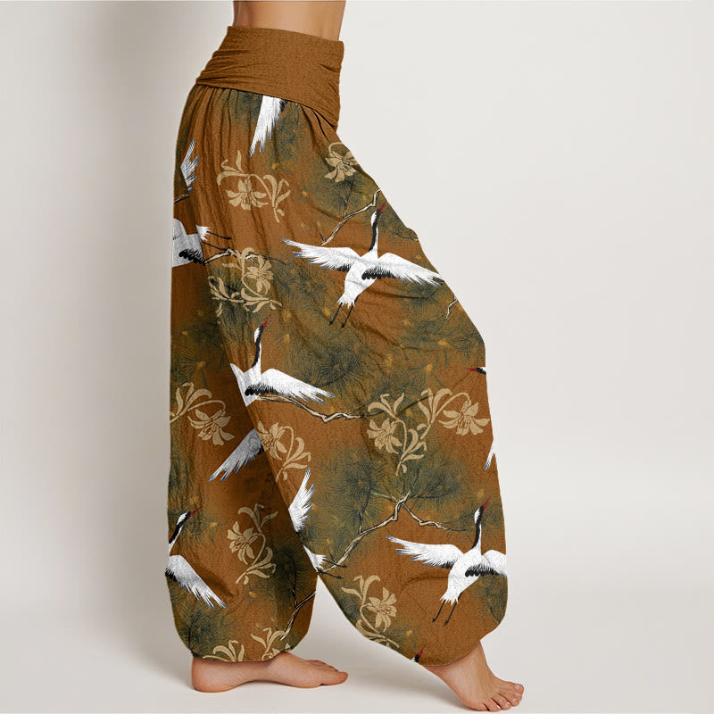 Cotton Crane and Pine Print Relaxed Harem Meditation Pants