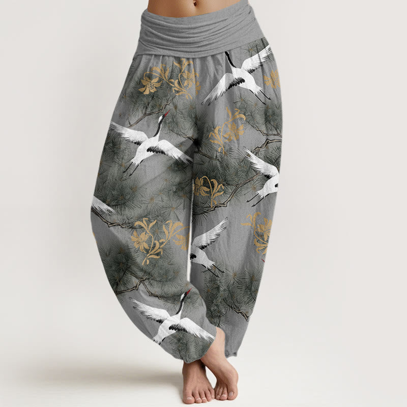 Cotton Crane and Pine Print Relaxed Harem Meditation Pants