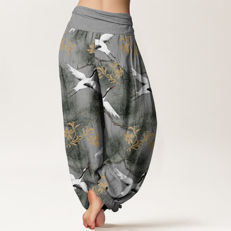 Cotton Crane and Pine Print Relaxed Harem Meditation Pants