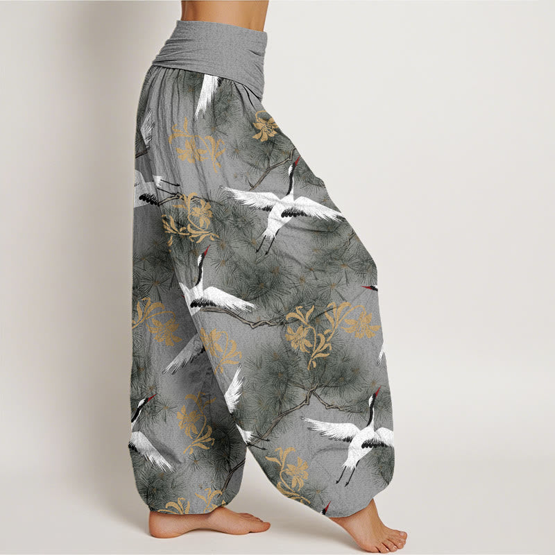 Cotton Crane and Pine Print Relaxed Harem Meditation Pants