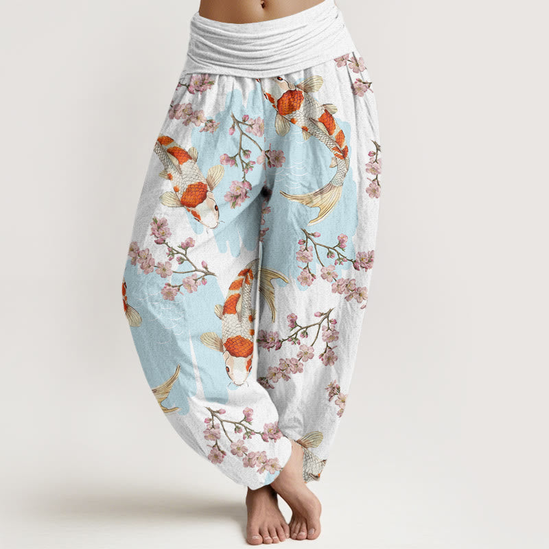 Cotton Casual Koi Fish Cherry Blossom Pattern Women's Elastic Waist Harem Pants