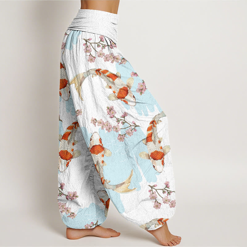 Cotton Casual Koi Fish Cherry Blossom Pattern Women's Elastic Waist Harem Pants