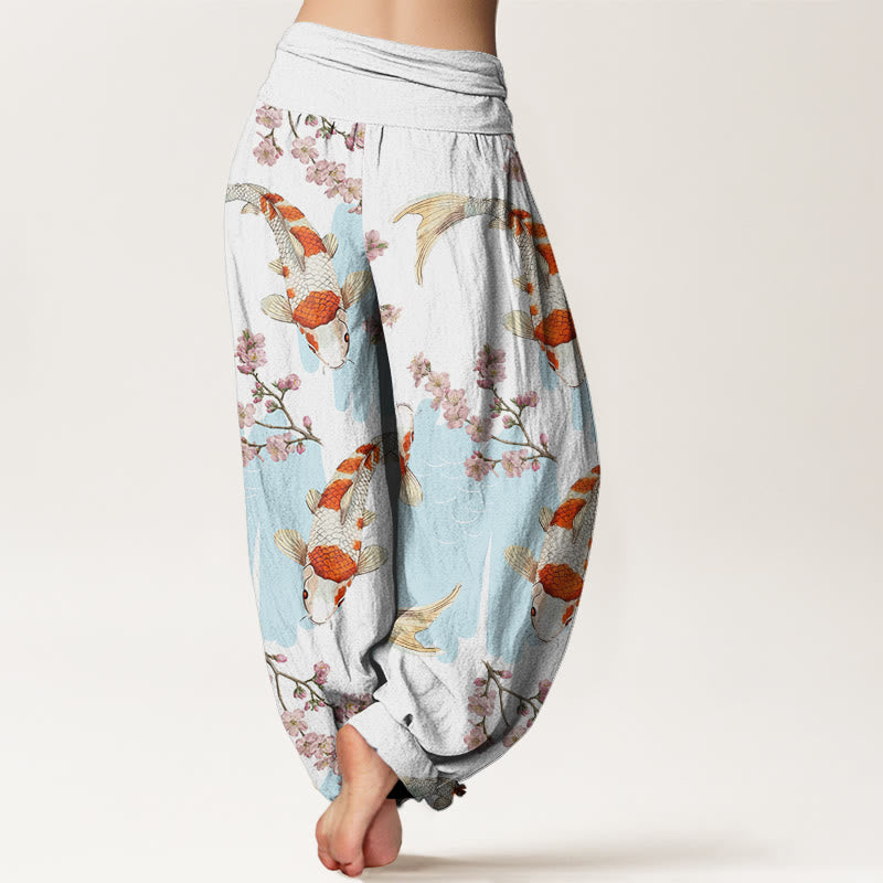 Cotton Casual Koi Fish Cherry Blossom Pattern Women's Elastic Waist Harem Pants