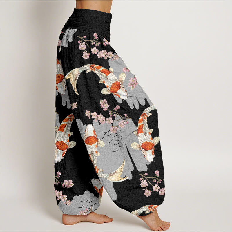 Cotton Casual Koi Fish Cherry Blossom Pattern Women's Elastic Waist Harem Pants