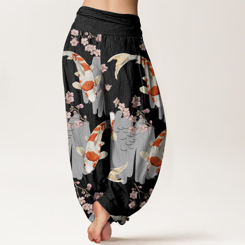 Cotton Casual Koi Fish Cherry Blossom Pattern Women's Elastic Waist Harem Pants