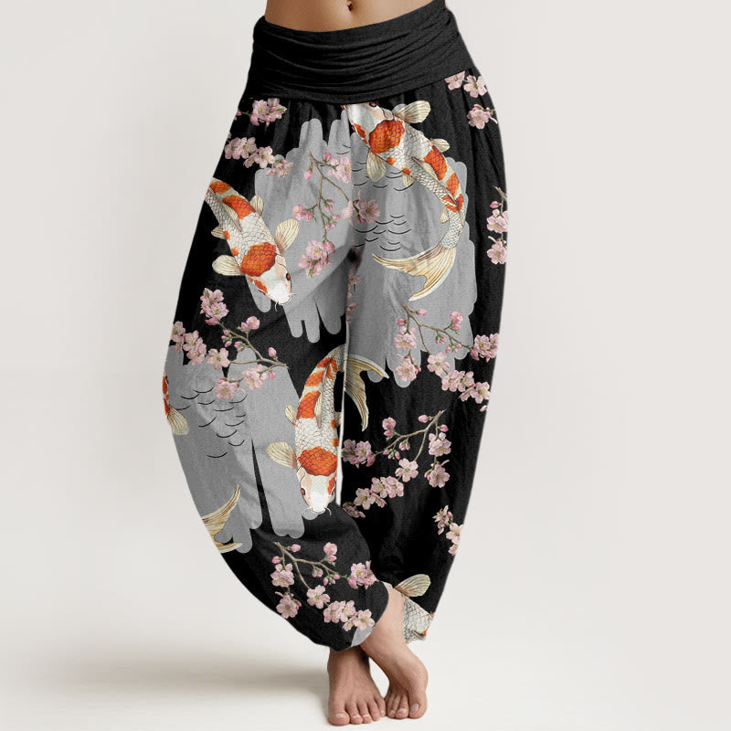 Cotton Casual Koi Fish Cherry Blossom Pattern Women's Elastic Waist Harem Pants